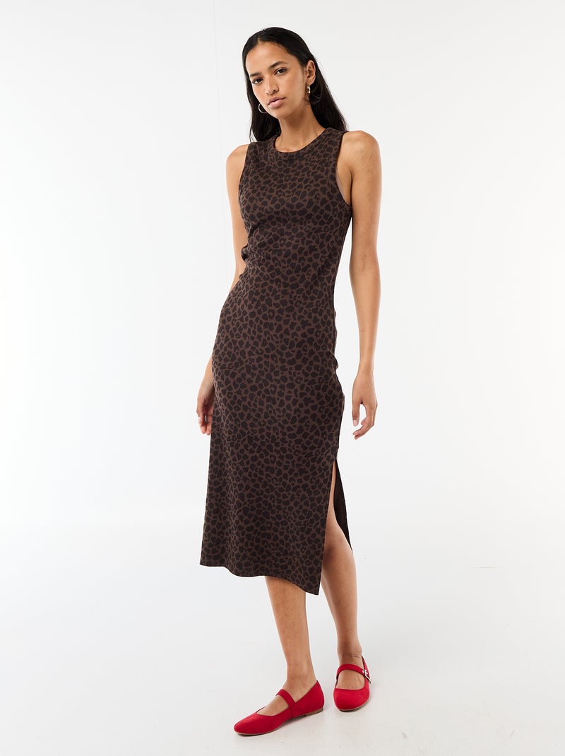 Vestido midi canelado sem mangas Castanho - Kiabi