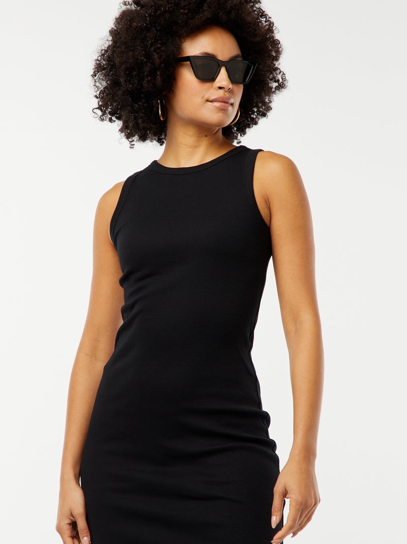 Vestido midi canelado sem mangas Preto - Kiabi