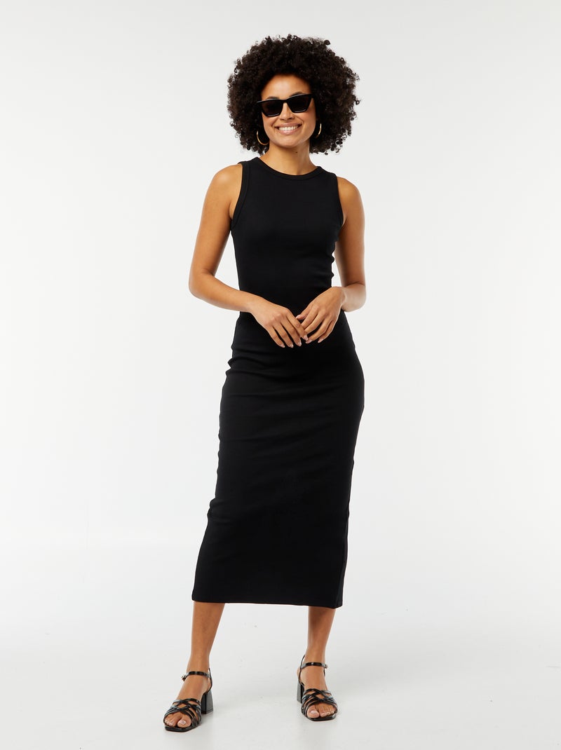 Vestido midi canelado sem mangas Preto - Kiabi