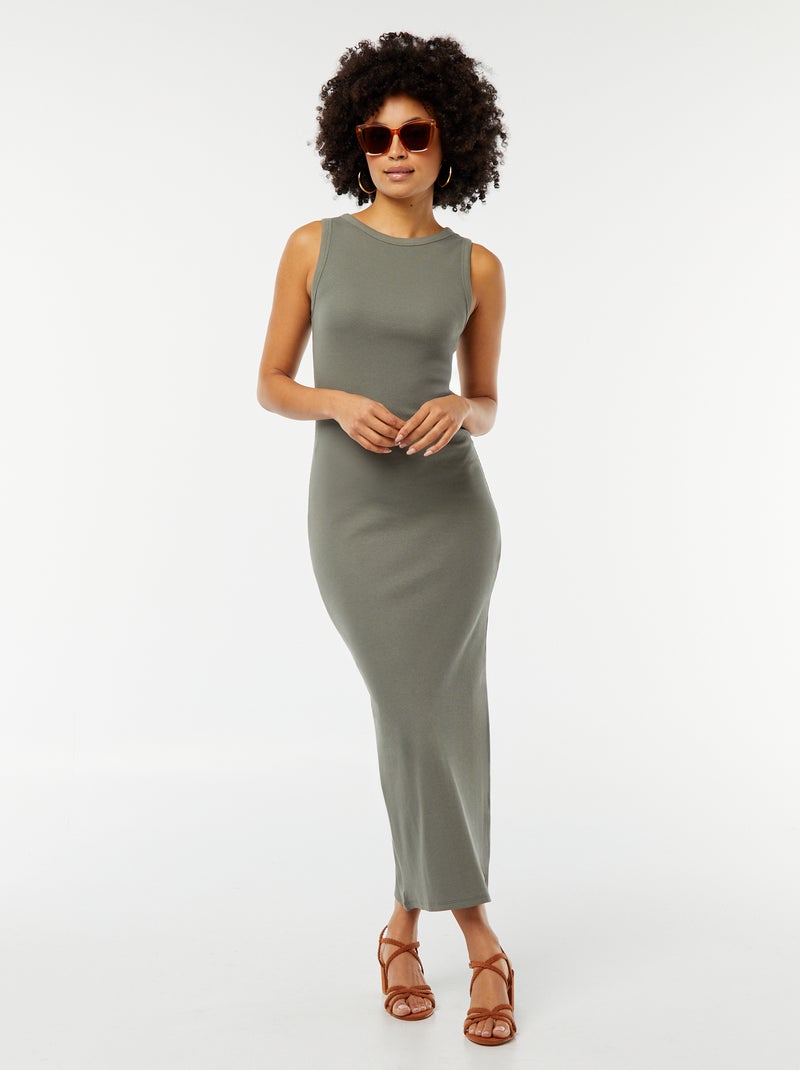 Vestido midi canelado sem mangas VERDE - Kiabi