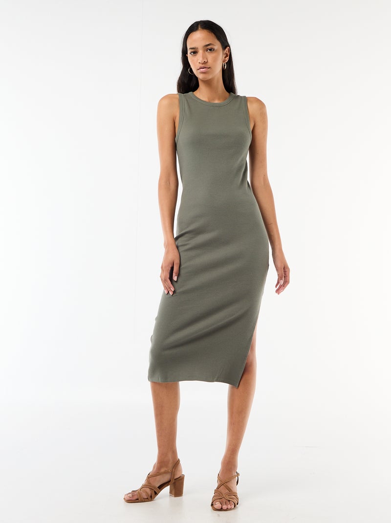 Vestido midi canelado sem mangas Verde - Kiabi