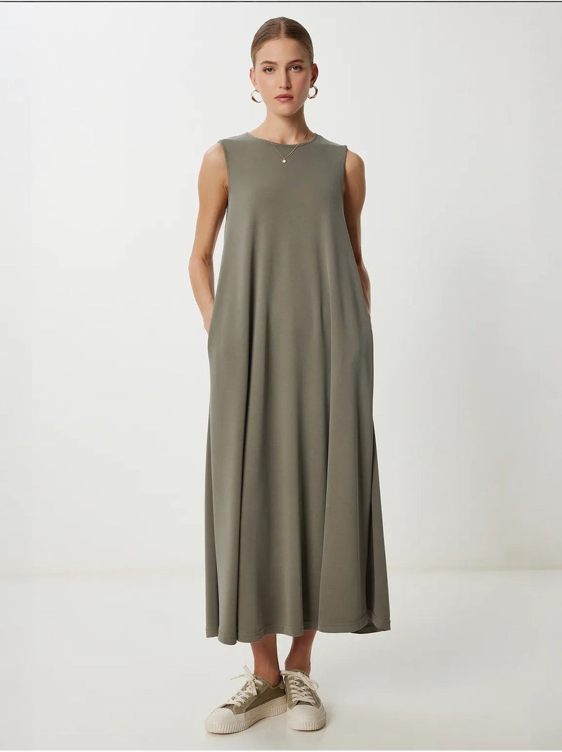 Vestido midi casual de corte solto com bolsos istanbul Cáqui - Kiabi