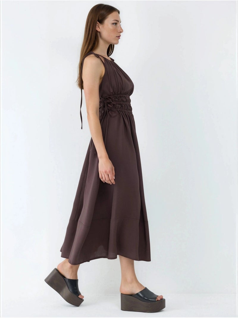 Vestido midi com alças franzidas busem Castanho-escuro - Kiabi
