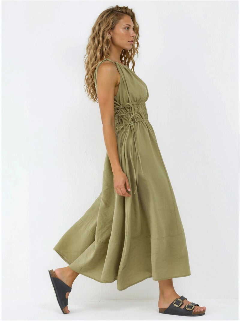Vestido midi com alças franzidas busem Verde cáqui - Kiabi
