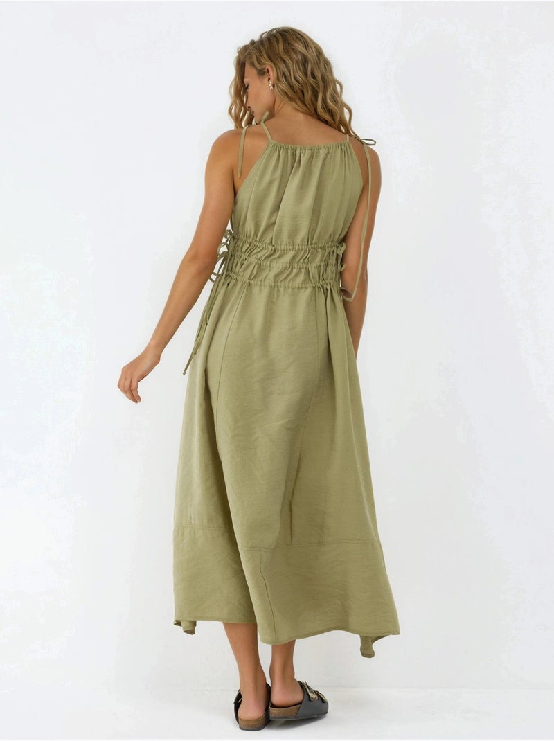 Vestido midi com alças franzidas busem Verde cáqui - Kiabi