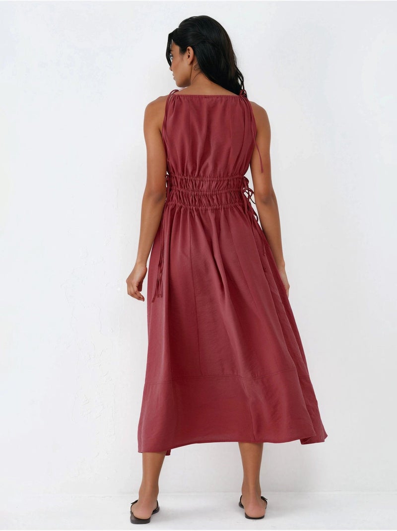 Vestido midi com alças franzidas busem Vermelho escuro - Kiabi