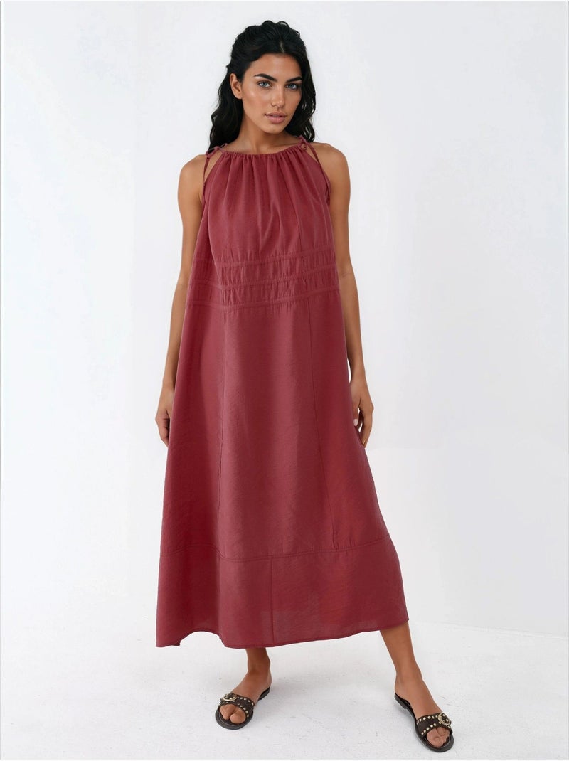 Vestido midi com alças franzidas busem Vermelho escuro - Kiabi