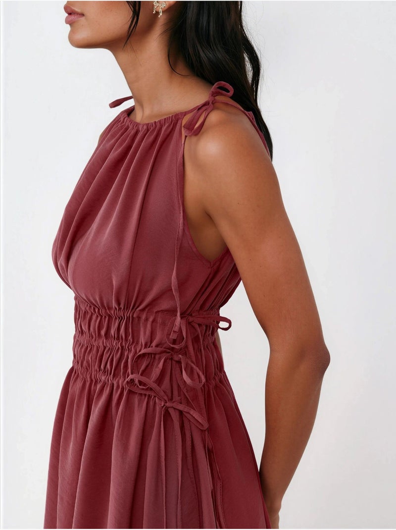 Vestido midi com alças franzidas busem Vermelho escuro - Kiabi