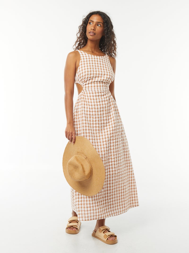 Vestido midi com as costas à mostra e estampado vichy Bege - Kiabi