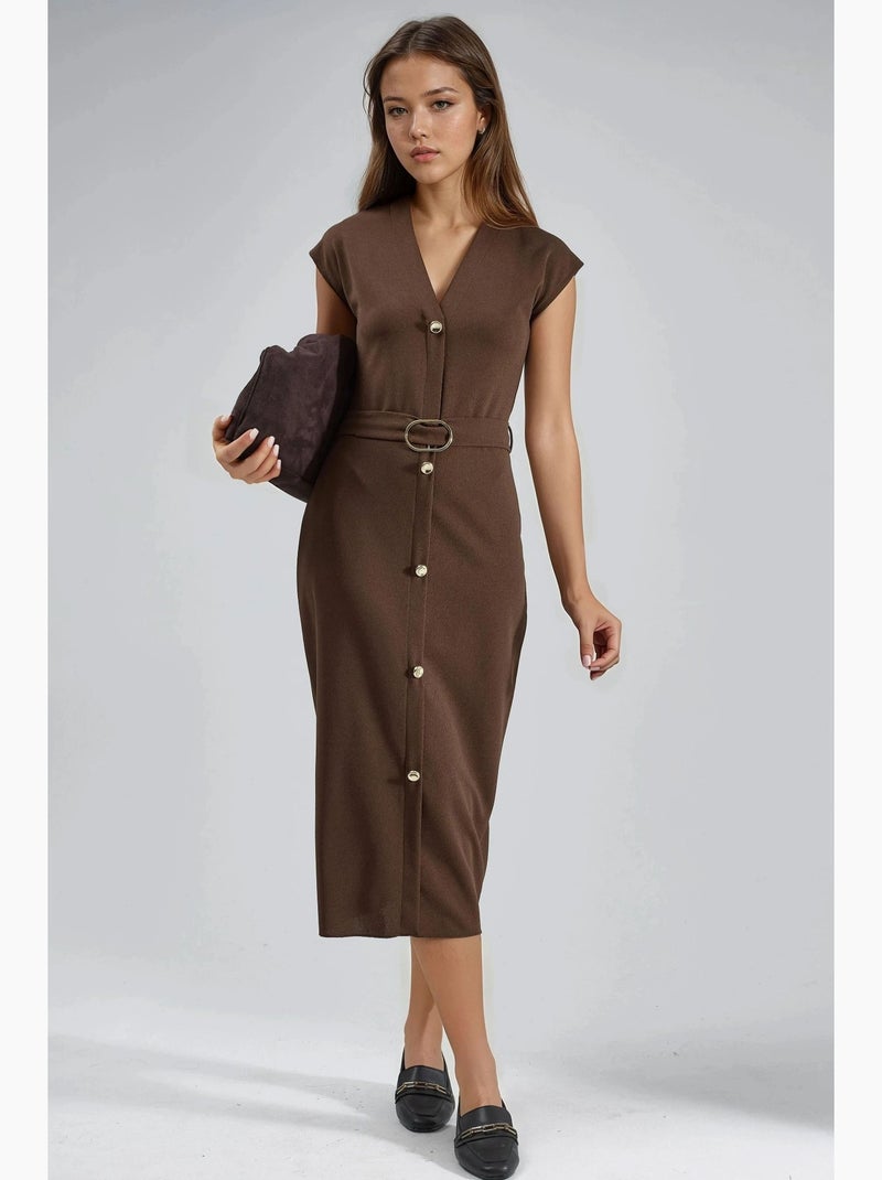 Vestido midi com cinto e decote em v busem Castanho - Kiabi