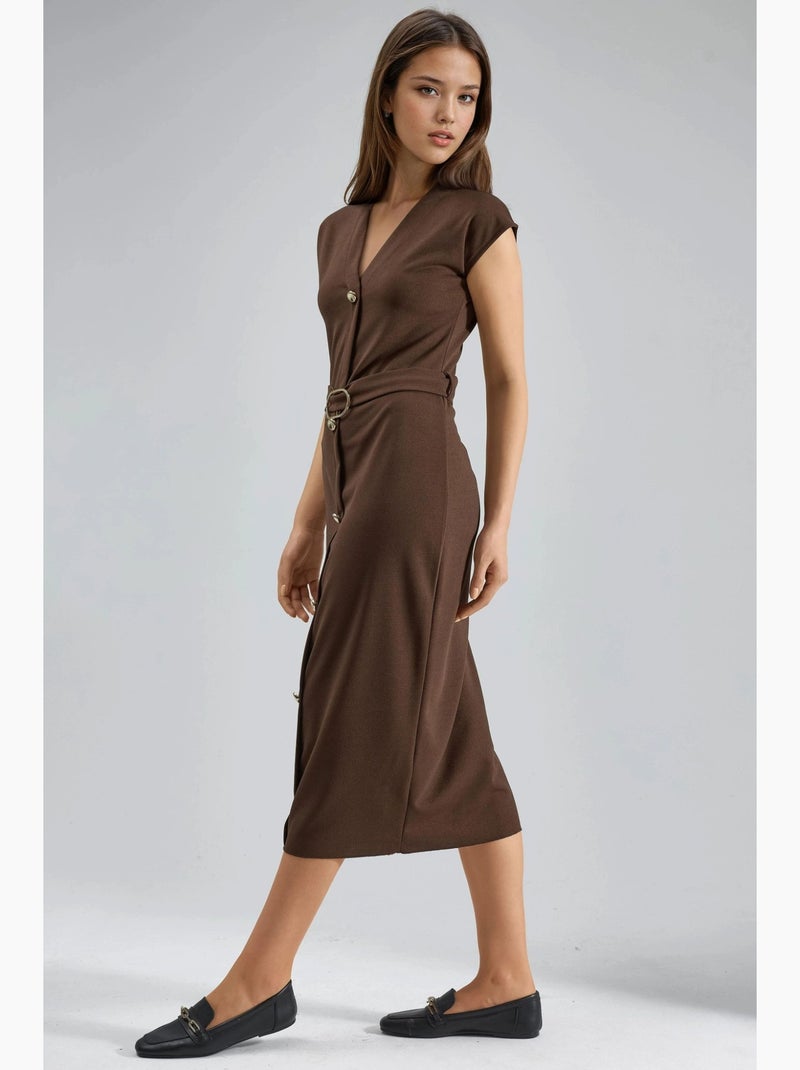 Vestido midi com cinto e decote em v busem Castanho - Kiabi