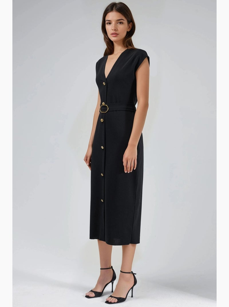 Vestido midi com cinto e decote em v busem Preto - Kiabi