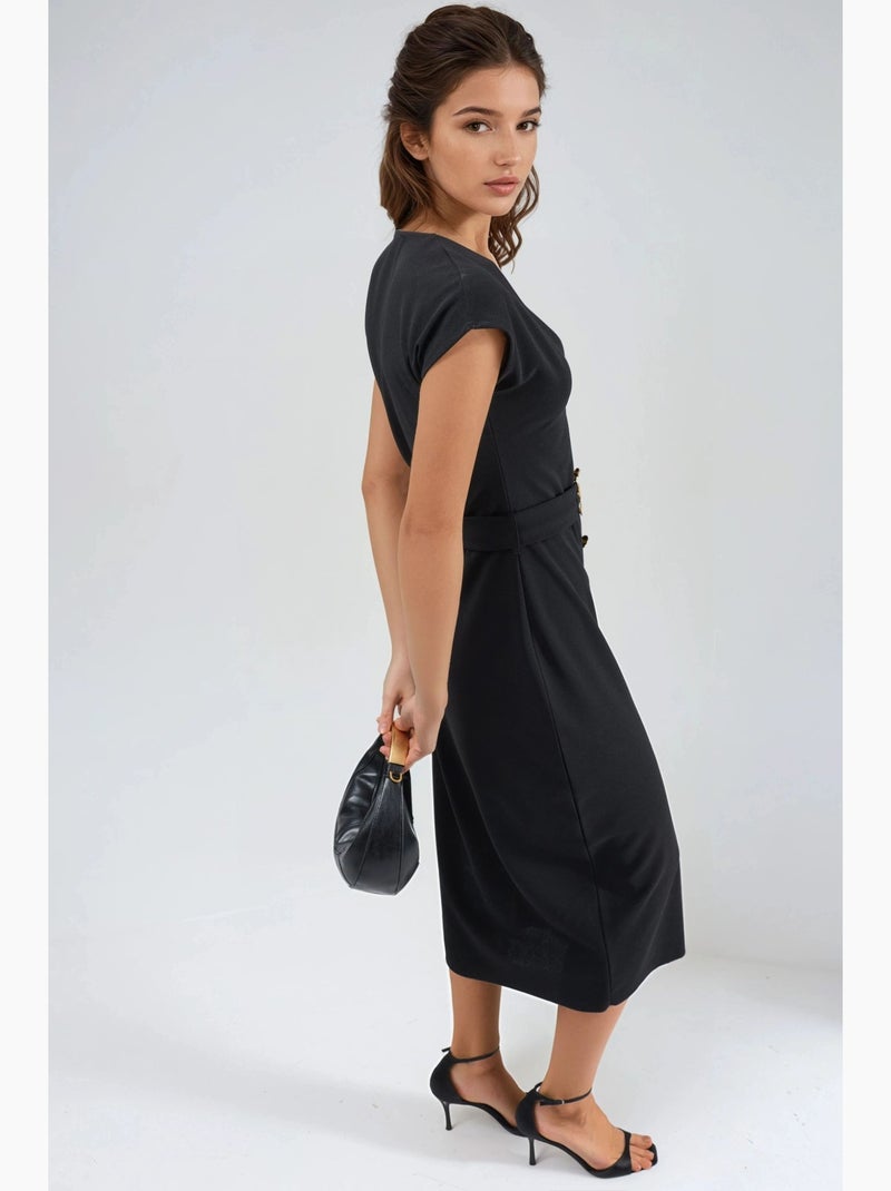Vestido midi com cinto e decote em v busem Preto - Kiabi