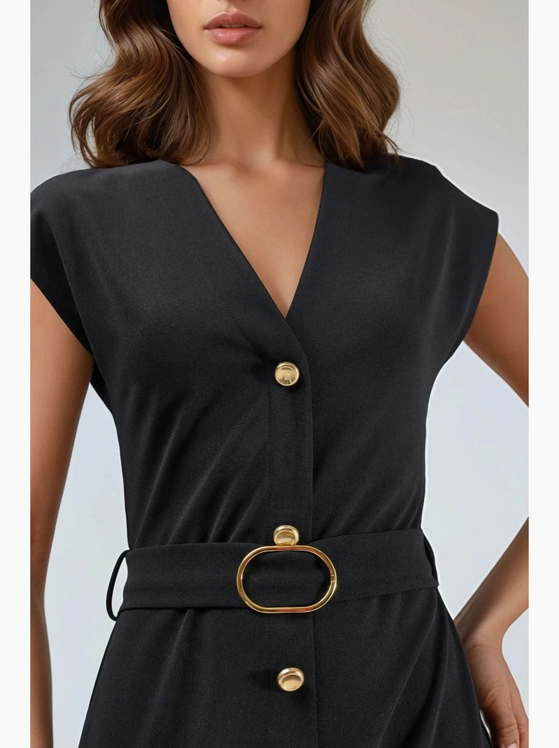 Vestido midi com cinto e decote em v busem Preto - Kiabi