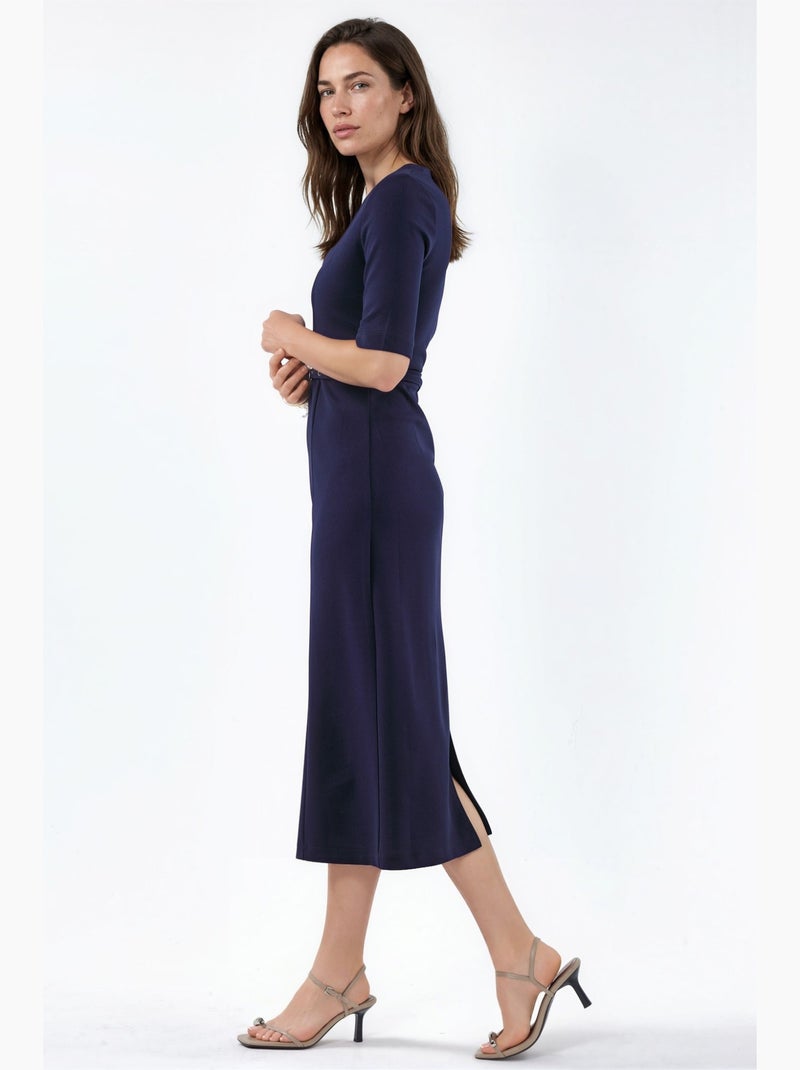 Vestido midi com cinto e decote quadrado busem Azul-marinho - Kiabi