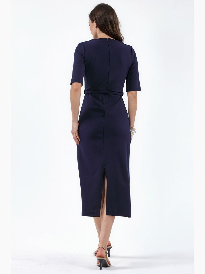 Vestido midi com cinto e decote quadrado busem Azul-marinho - Kiabi
