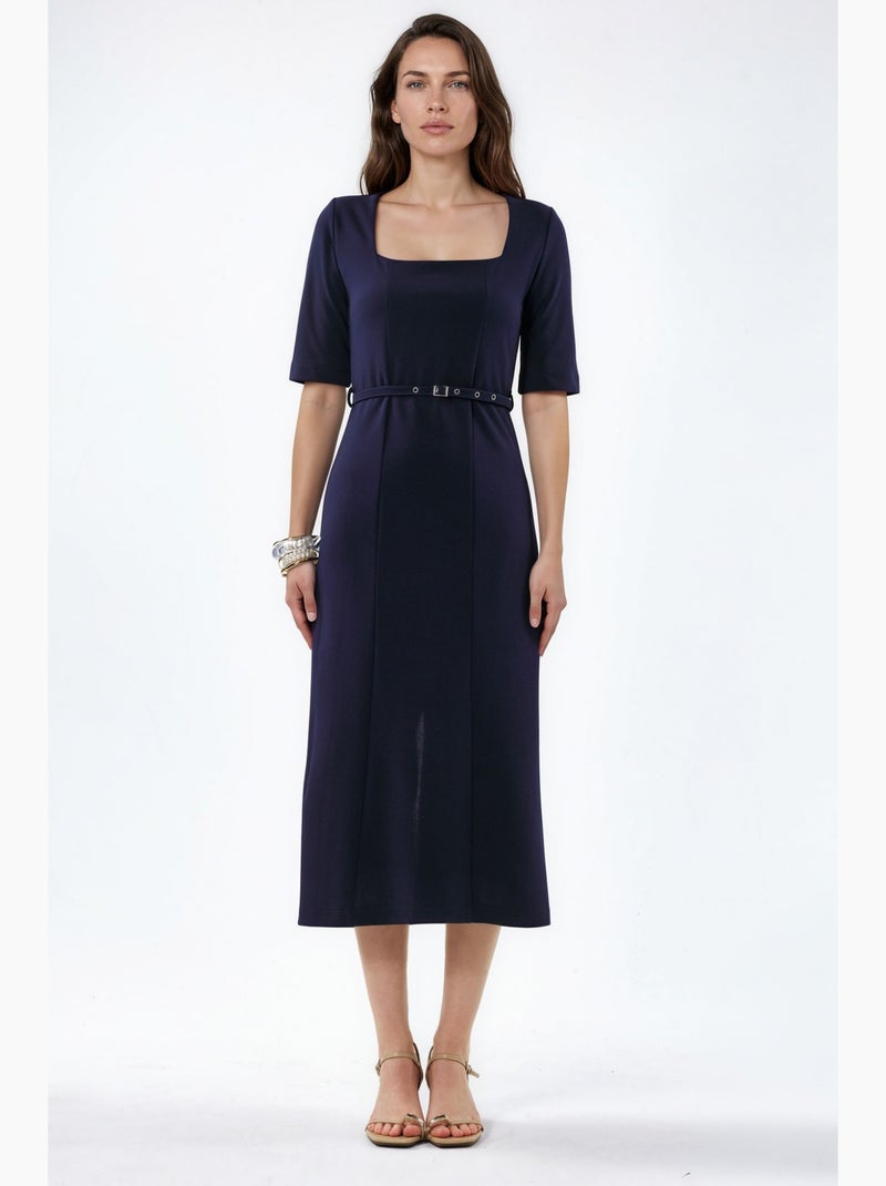 Vestido midi com cinto e decote quadrado busem Azul-marinho - Kiabi