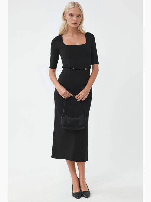 Vestido midi com cinto e decote quadrado busem - Kiabi