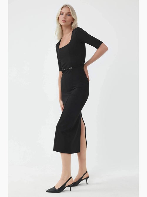 Vestido midi com cinto e decote quadrado busem - Kiabi