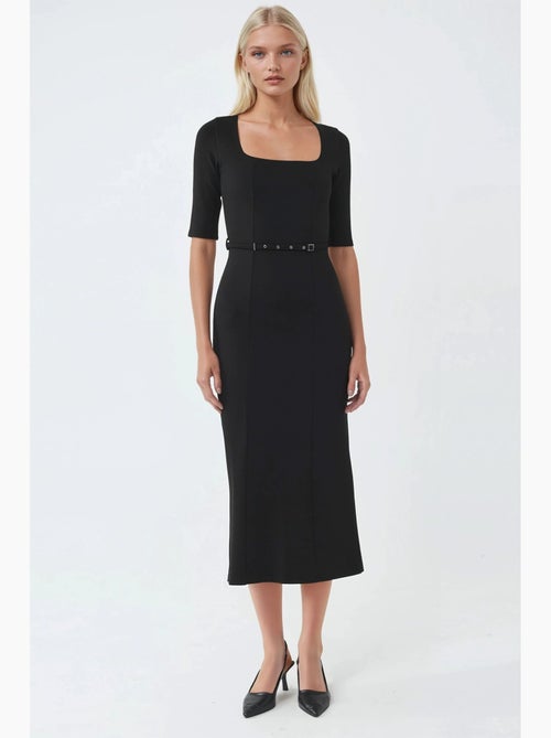 Vestido midi com cinto e decote quadrado busem - Kiabi