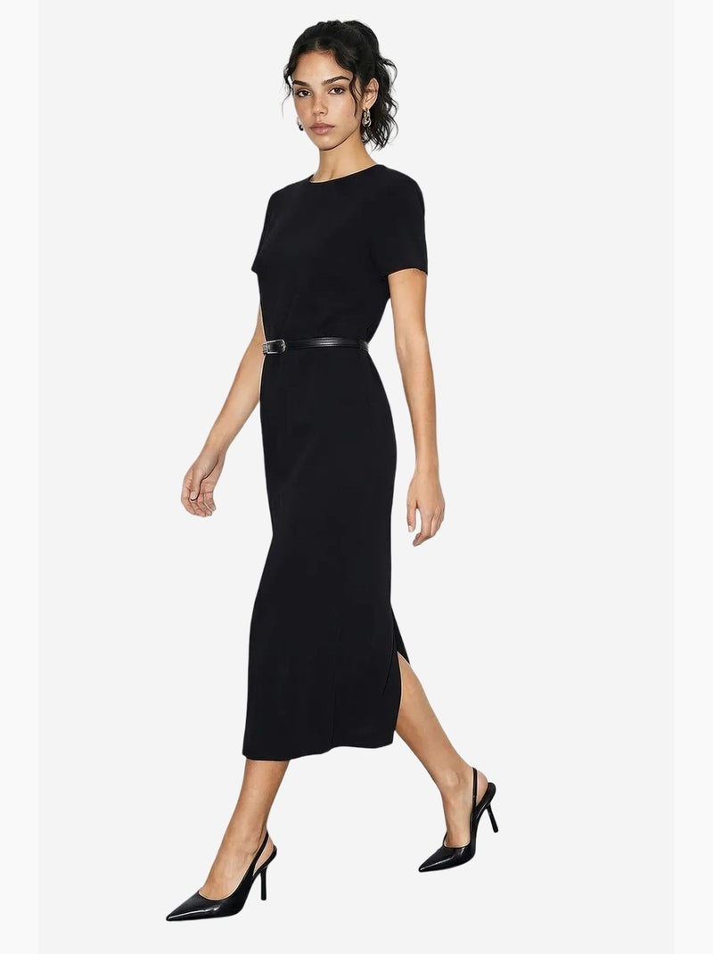 Vestido midi com cinto e decote redondo lucci Preto - Kiabi