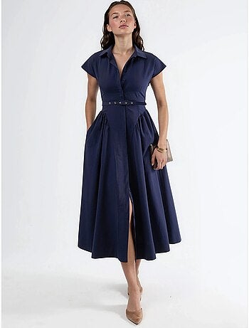 Vestido midi com cinto e gola de camisa busem