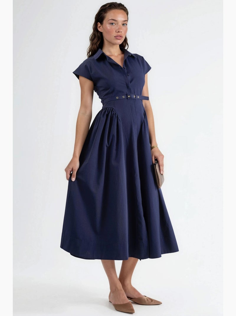 Vestido midi com cinto e gola de camisa busem Azul-marinho - Kiabi