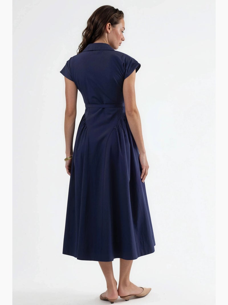 Vestido midi com cinto e gola de camisa busem Azul-marinho - Kiabi