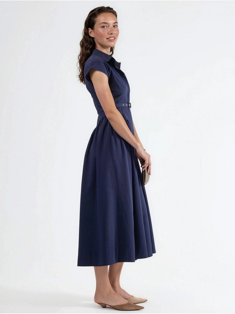 Vestido midi com cinto e gola de camisa busem Azul-marinho - Kiabi