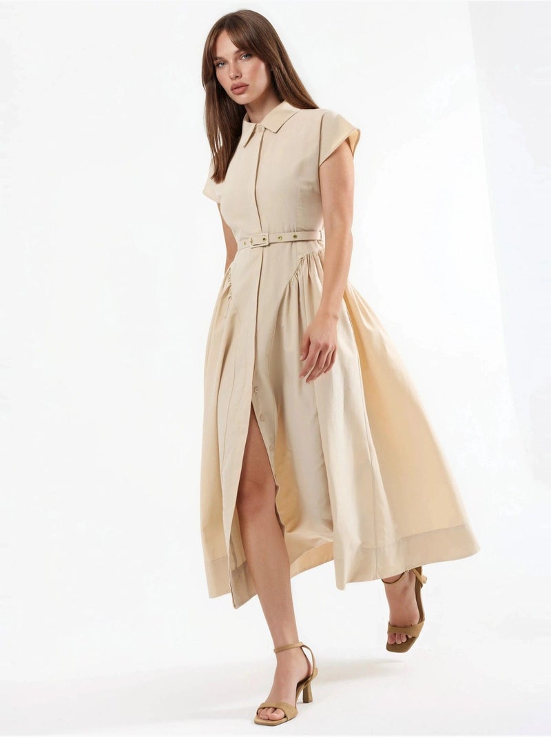 Vestido midi com cinto e gola de camisa busem Bege-argila - Kiabi