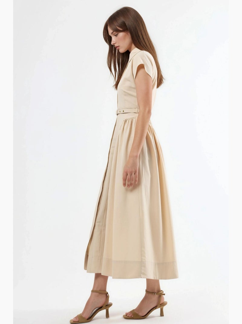 Vestido midi com cinto e gola de camisa busem Bege-argila - Kiabi