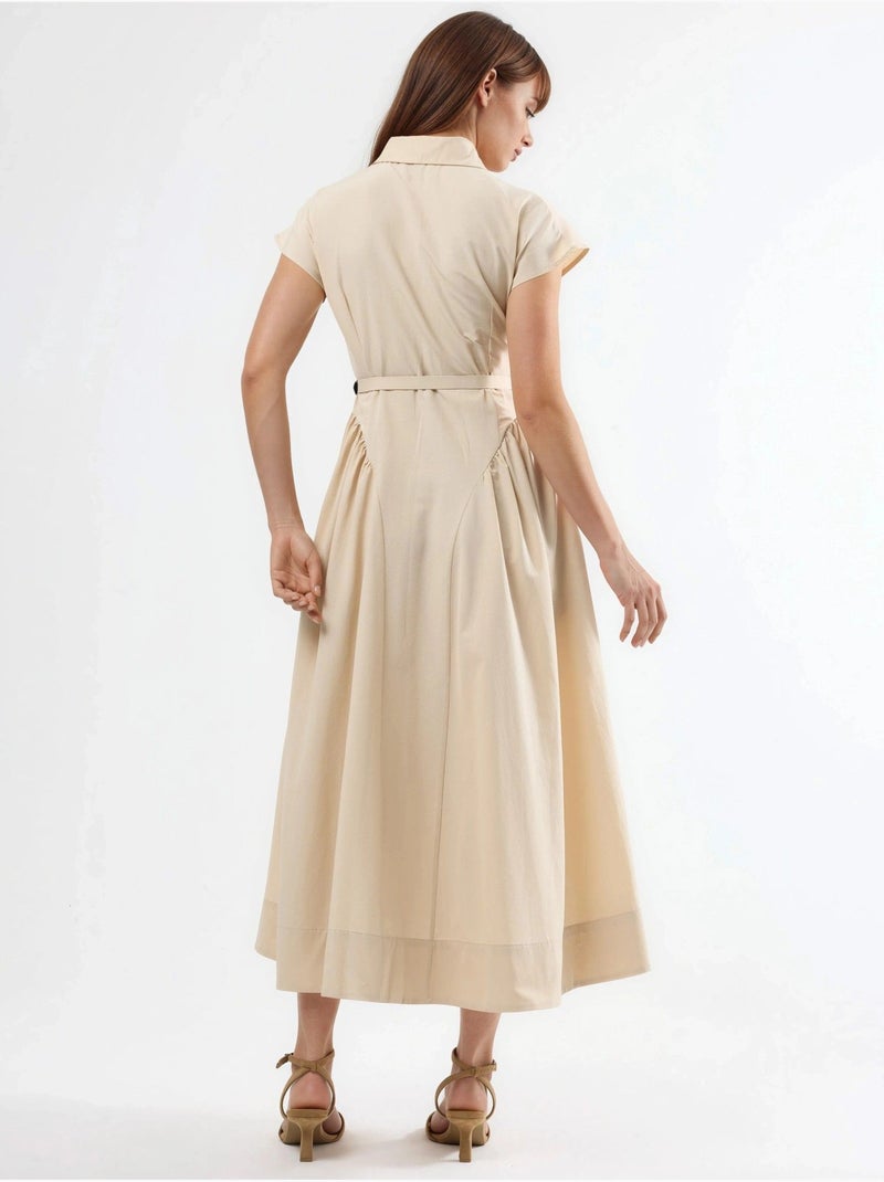 Vestido midi com cinto e gola de camisa busem Bege-argila - Kiabi