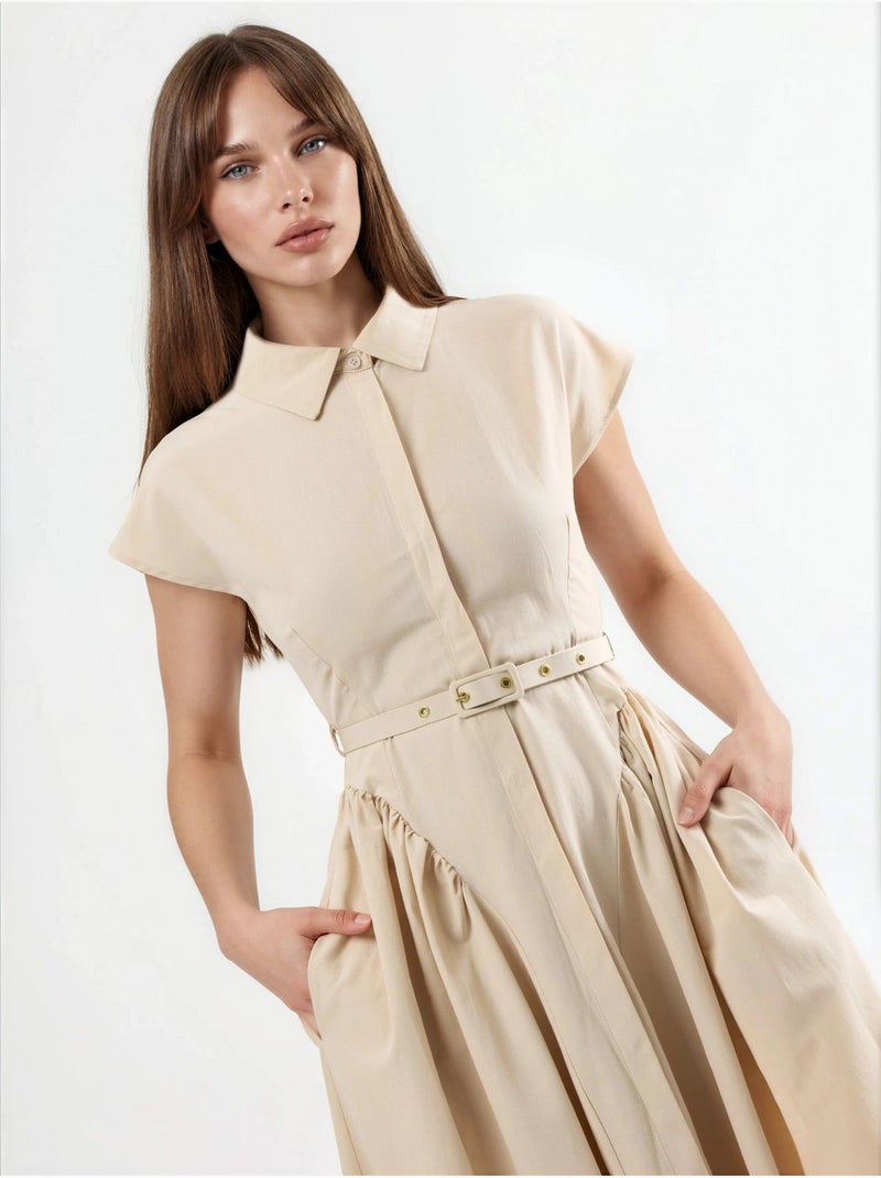 Vestido midi com cinto e gola de camisa busem Bege-argila - Kiabi