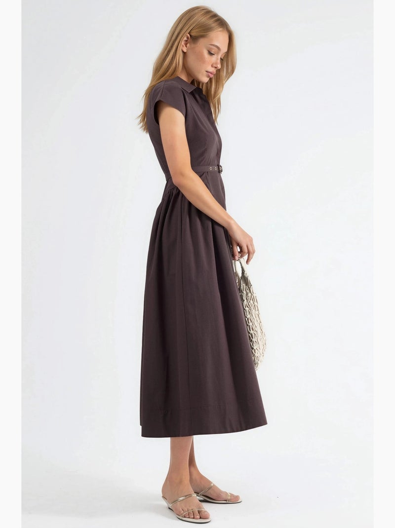 Vestido midi com cinto e gola de camisa busem Castanho-chocolate - Kiabi