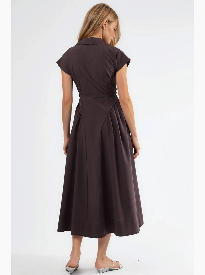 Vestido midi com cinto e gola de camisa busem Castanho-chocolate - Kiabi