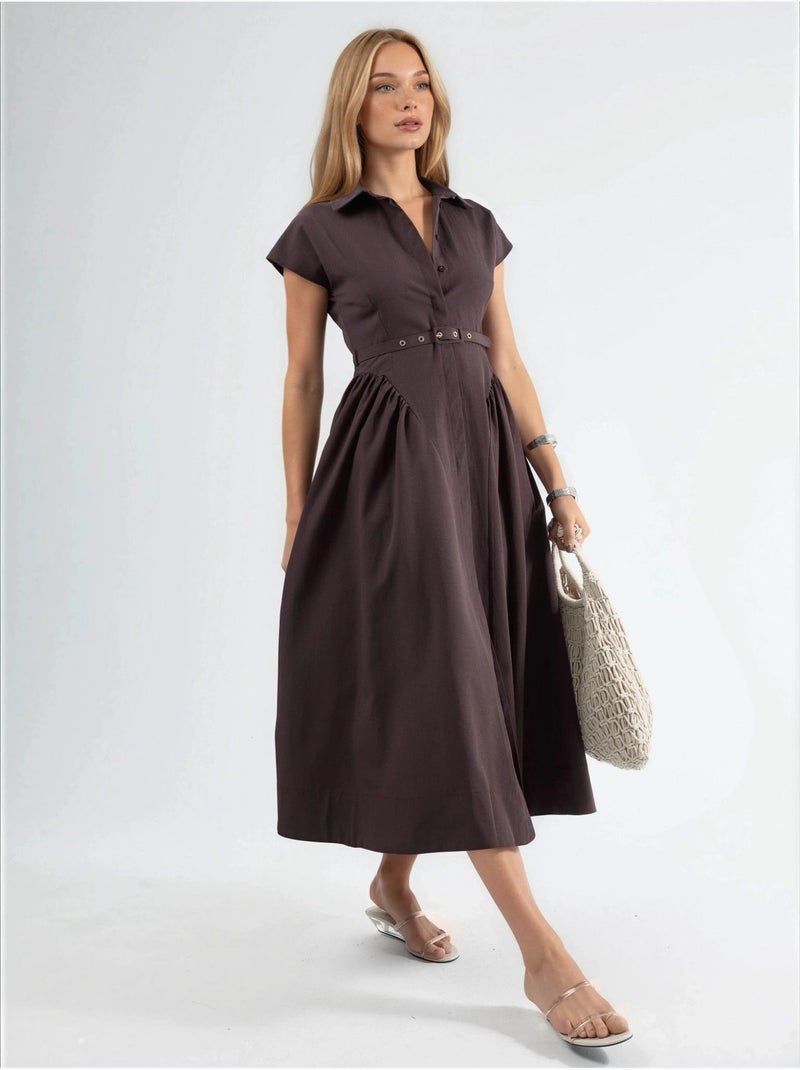 Vestido midi com cinto e gola de camisa busem Castanho-chocolate - Kiabi