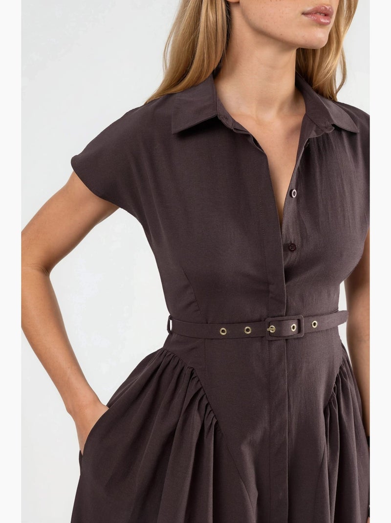 Vestido midi com cinto e gola de camisa busem Castanho-chocolate - Kiabi