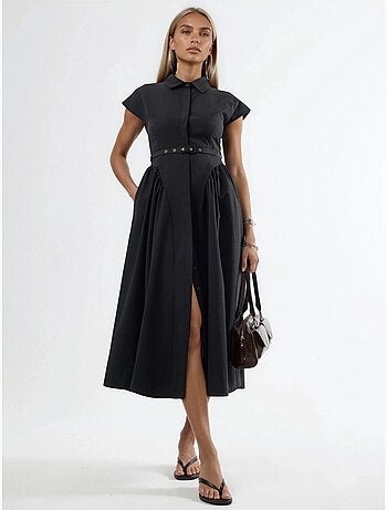 Vestido midi com cinto e gola de camisa busem
