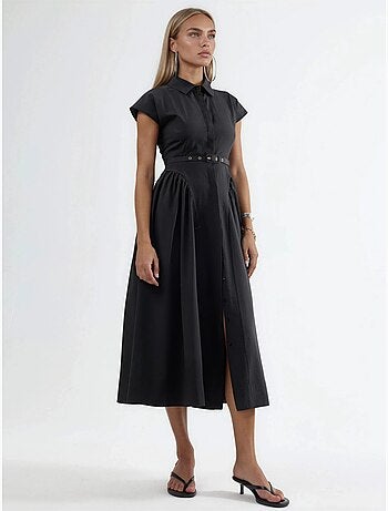 Vestido midi com cinto e gola de camisa busem