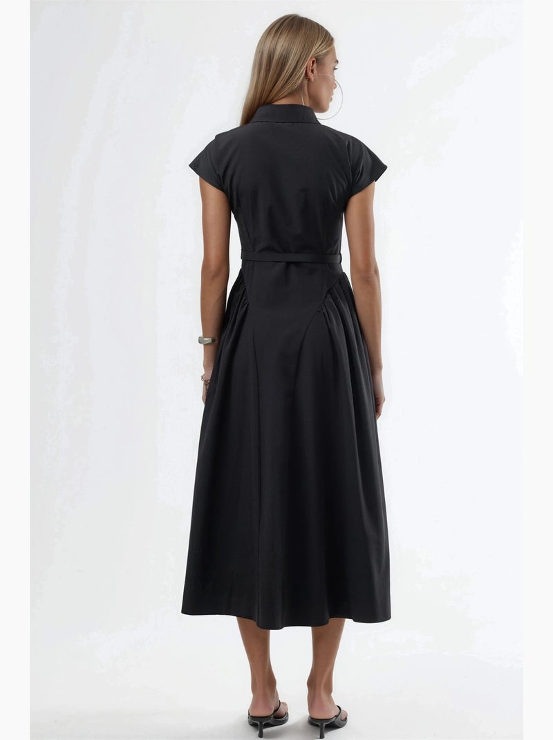 Vestido midi com cinto e gola de camisa busem Preto - Kiabi