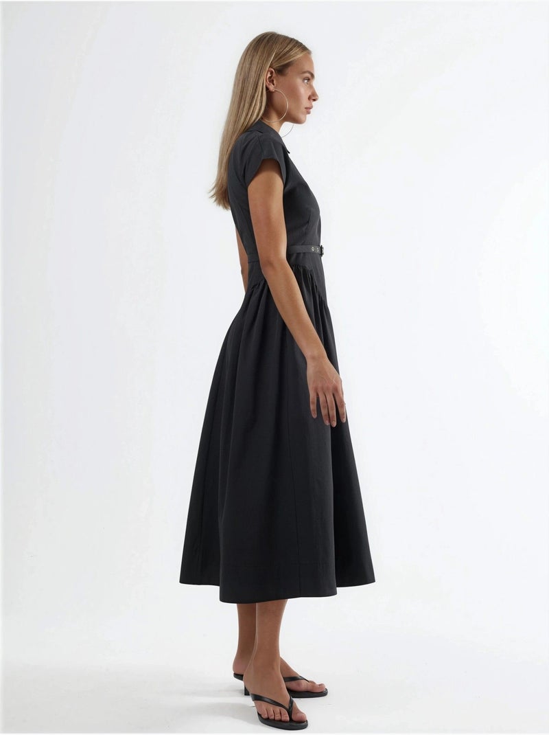 Vestido midi com cinto e gola de camisa busem Preto - Kiabi