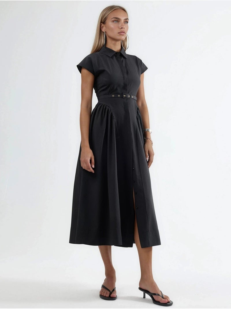 Vestido midi com cinto e gola de camisa busem Preto - Kiabi