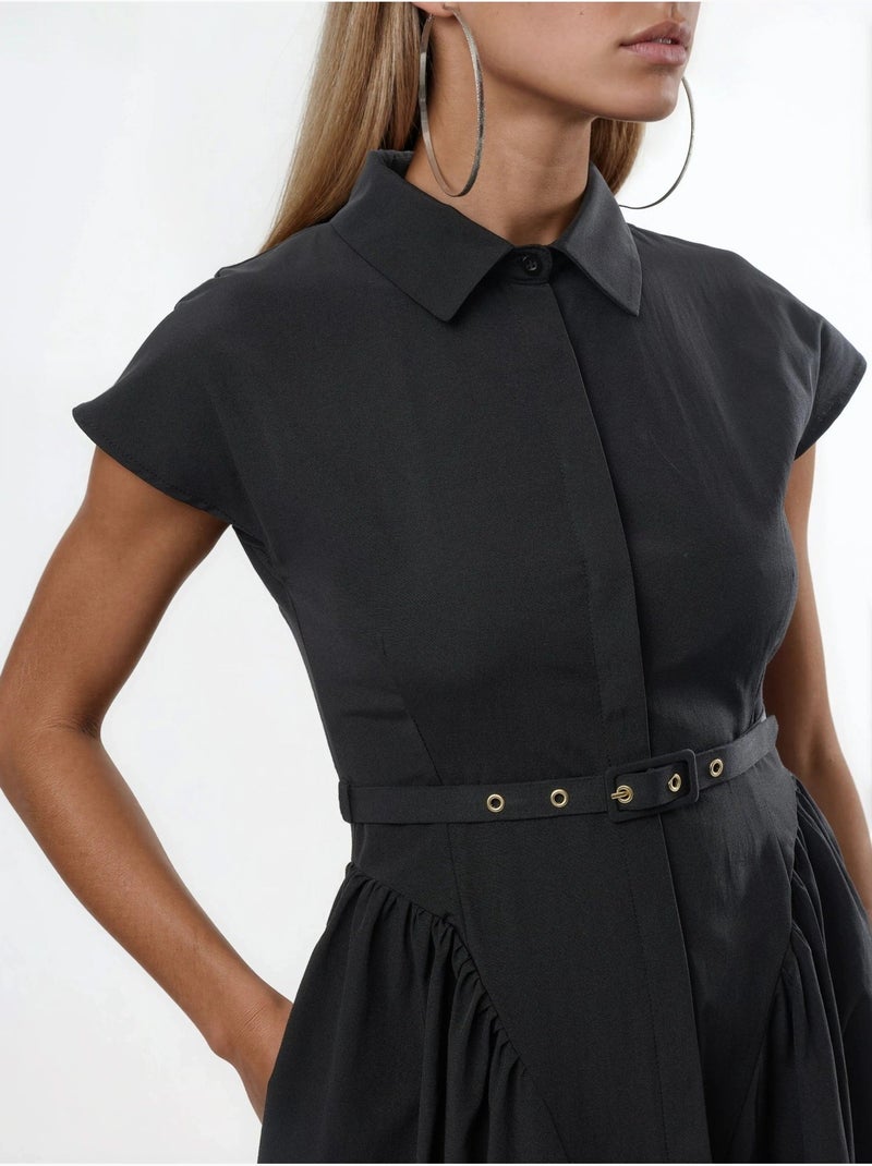 Vestido midi com cinto e gola de camisa busem Preto - Kiabi