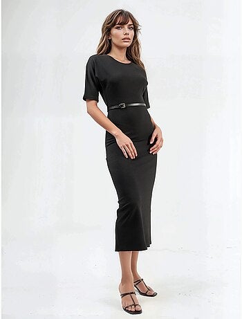 Vestido midi com cinto e manga curta busem