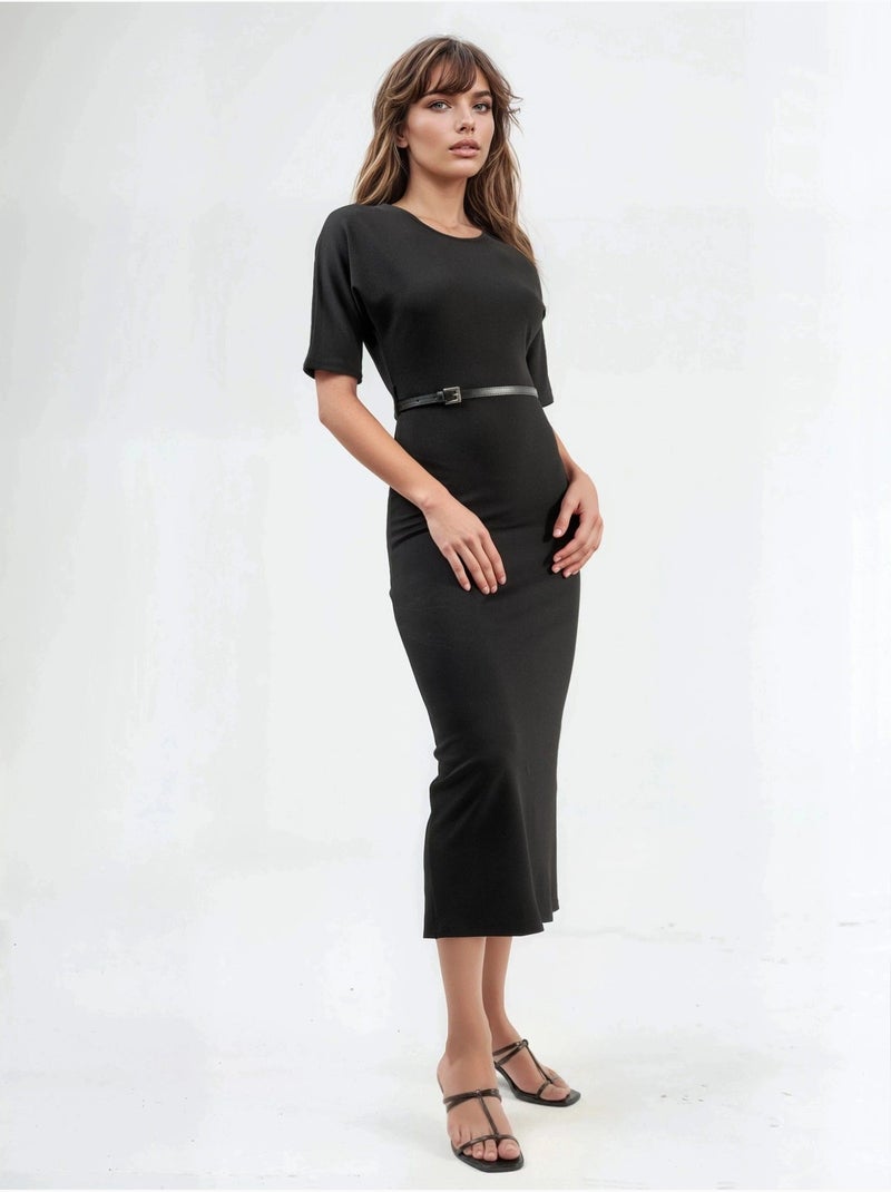 Vestido midi com cinto e manga curta busem Preto - Kiabi