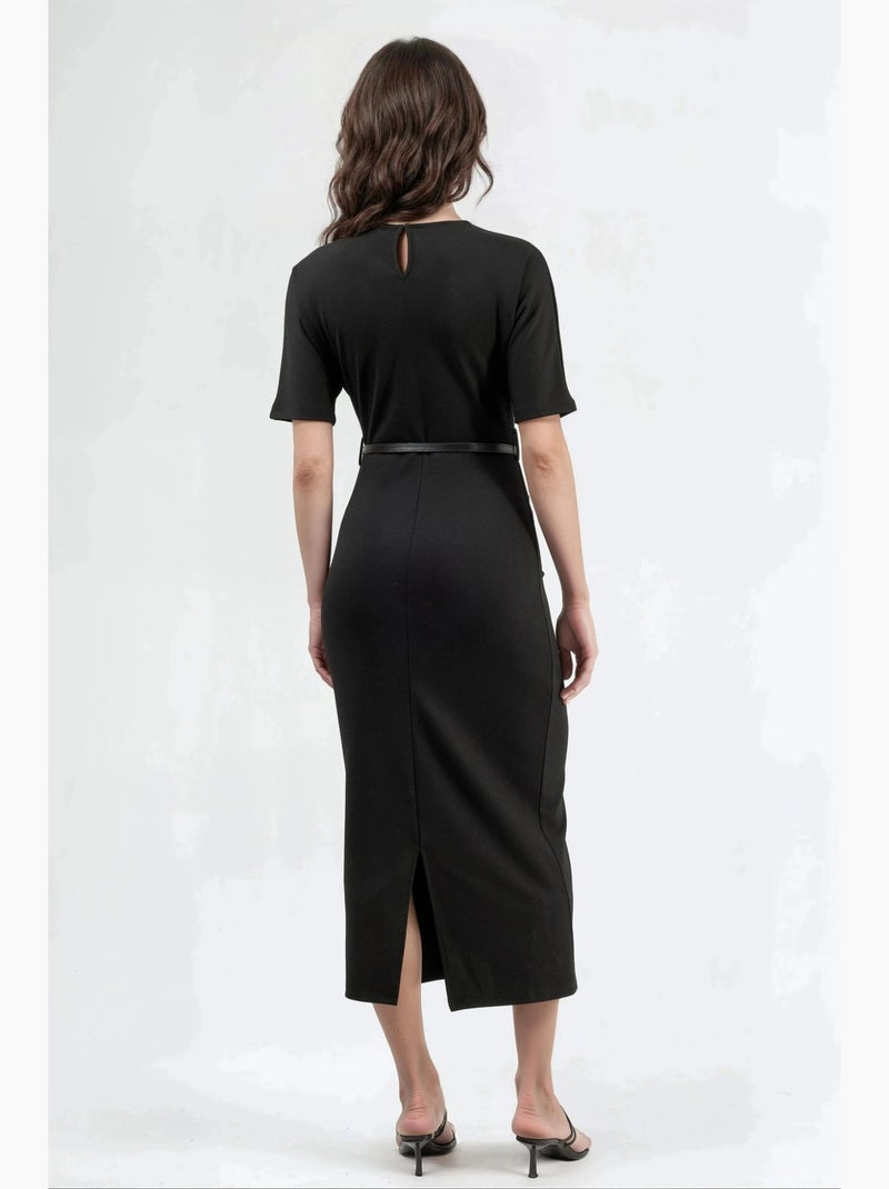 Vestido midi com cinto e manga curta busem Preto - Kiabi