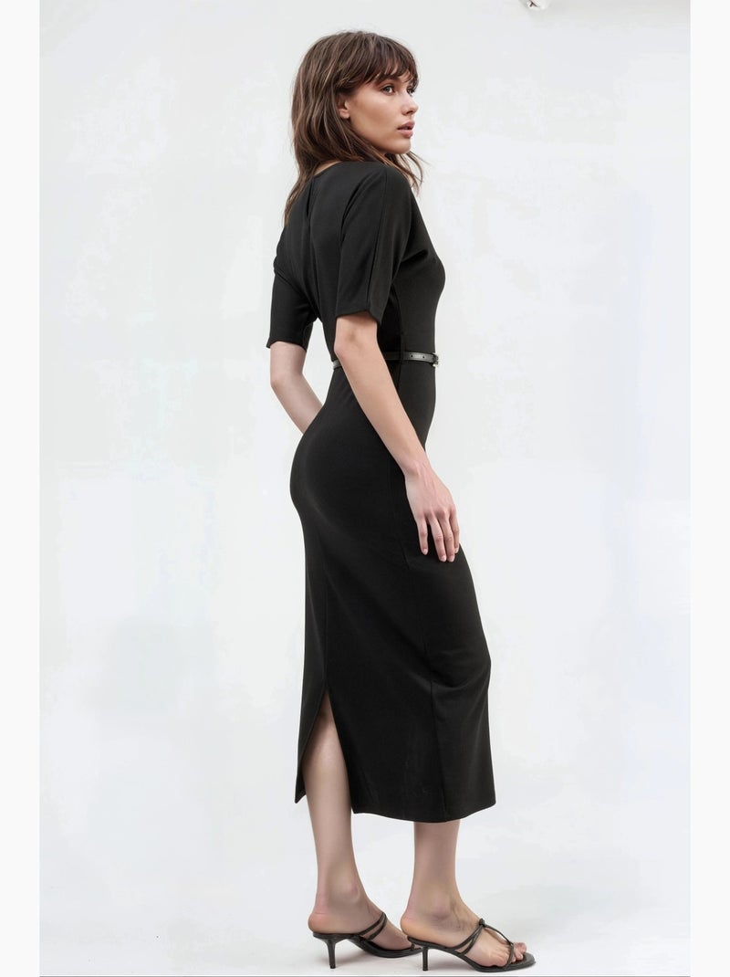 Vestido midi com cinto e manga curta busem Preto - Kiabi