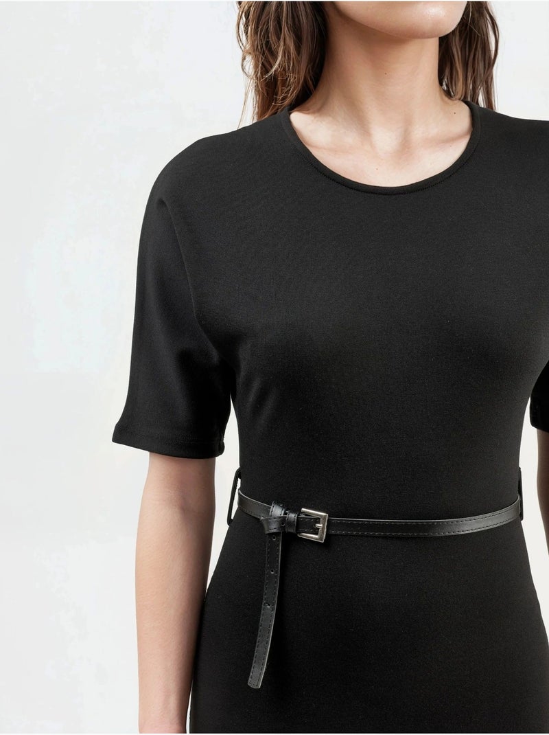 Vestido midi com cinto e manga curta busem Preto - Kiabi