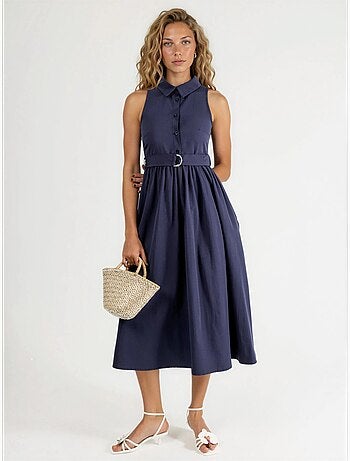 Vestido midi com colarinho de camisa e cinto busem