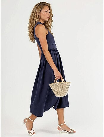 Vestido midi com colarinho de camisa e cinto busem